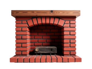 A classic brick fireplace with a log burning inside, perfect for warm and cozy scenes