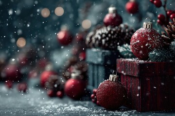 Red Christmas ornaments on a snow-dusted podium with pine branches and warm festive lights