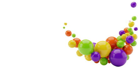 dynamic 3d render of glossy and matte spheres (lime green, orange, yellow, purple) floating against a transparent background with copy space. concept for modern abstract background