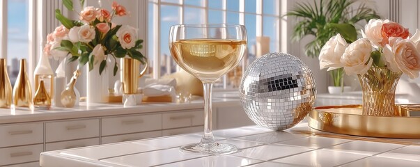 New year celebration scene with champagne glass, candles, gifts, and festive greenery on a cozy table