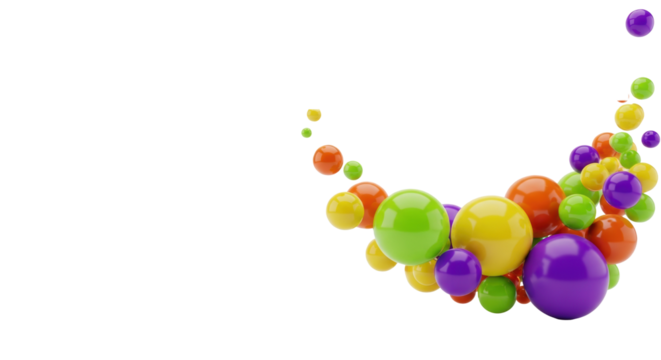 dynamic 3d render of glossy and matte spheres (lime green, orange, yellow, purple) floating against a transparent background with copy space. concept for modern abstract background - Powered by Adobe