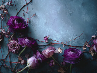 Colorful wildflowers arranged on a neutral background with empty space for text 