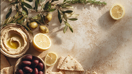 Hummus with olives, lemon slices, and pita bread on textured surface  