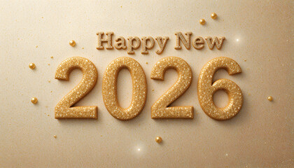 Happy New Year 2026 with glittery gold text on beige background
