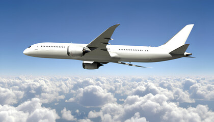 Obraz premium White Airplane Boeing 787 Modern Passenger Jet Plane Flying Above White Clouds and Blue Sky Side View Low Angle