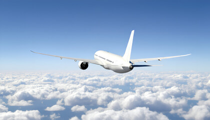 Fototapeta premium White Airplane Boeing 787 Modern Passenger Jet Plane Flying Above White Clouds and Blue Sky Corner Rear Back View Angle