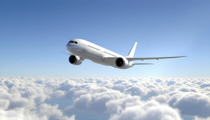 Fototapeta premium White Airplane Boeing 787 Modern Passenger Jet Plane Flying Above White Clouds and Blue Sky Corner Front View Low Angle