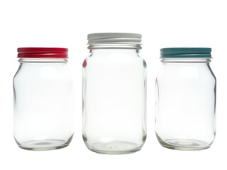 Three clear glass jars arranged side by side on a clean white surface, ideal for use in still life photography or as a prop in product displays