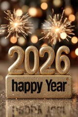 Fototapeta premium Golden 2026 celebration sign with fireworks in the background and sparkling, glittering year decor scene