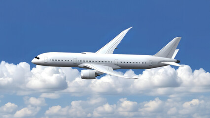 Obraz premium White Airplane Boeing 777 Modern Passenger Jet Plane Flying Above White Clouds and Blue Sky Side View Angle