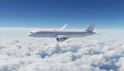 Obraz premium White Airplane Boeing 777 Modern Passenger Jet Plane Flying Above White Clouds and Blue Sky Side View Angle