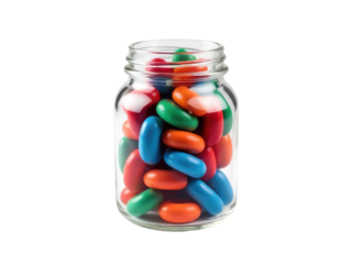 A colorful glass jar filled with various candies