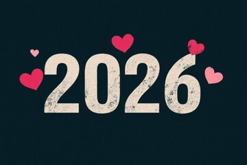 New year 2026 celebration with bold numbers and pink hearts against a dark navy background