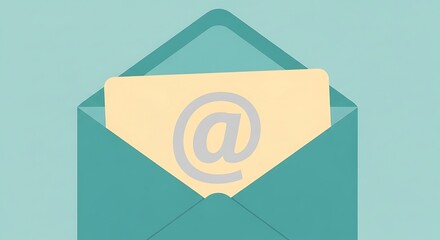 An open teal envelope revealing a pale yellow card inside featuring a prominent gray at sign symbol for email communication