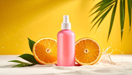 Pink spray bottle with orange halves, leaves, & palm frond on sand, yellow backdrop