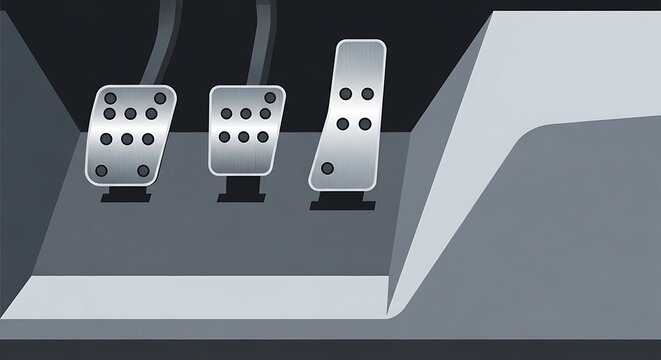 Close up view of three metallic racing car pedals for clutch, brake, and accelerator in a dark interior setting