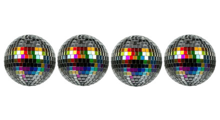 Four identical spherical disco balls reflecting vibrant iridescent spectral rainbow light from mirror tiles, arranged horizontally against a clean high key white background with copy space. Concept