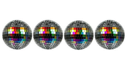 Four identical spherical disco balls reflecting vibrant iridescent spectral rainbow light from mirror tiles, arranged horizontally against a clean high key white background with copy space. Concept