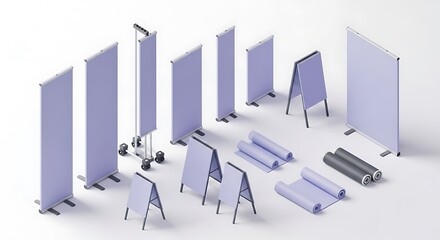 Collection of various portable advertising display stands, banners, and rolled graphic prints isolated on white background