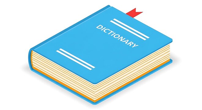 A bright blue dictionary book with a red bookmark sticking out of the top, isolated on white background