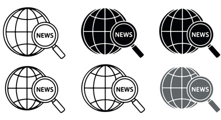 Set of six globe and magnifying glass icons representing global news search and discovery in various black and white styles, isolated on transparent background