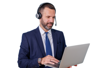 Businessman wearing headset and typing on laptop, providing customer support and online assistance on transparent background