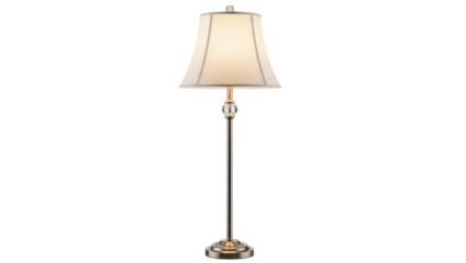 Elegant traditional floor lamp with cream fabric shade and crystal accent on polished metal base isolated on transparent background