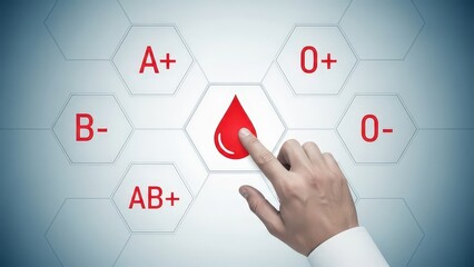 Hand touching a blood drop icon on a digital interface showing different blood types like a, b, ab, o, and o