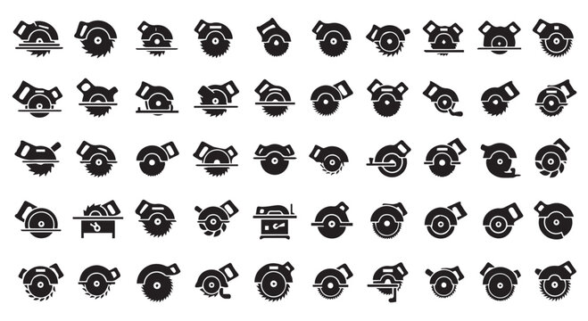 Collection of various circular saw blade and power tool icons in black silhouette style, isolated on transparent background