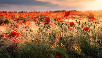 Barley Field Full Of Red Poppies Selective Focus Multiple Exposure