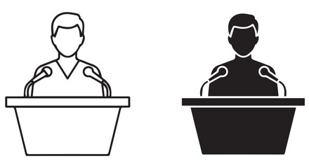 Two minimalist icons depicting a person speaking at a podium with microphones, one outline and one solid silhouette, isolated on transparent background