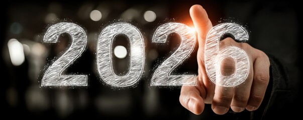 Hand touches a glowing 2026 digit on a virtual screen symbolizing new year goals and innovation