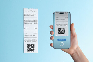 Hand holding blank paper receipt on blue background, minimalist mockup for expense documents, billing templates, refunds, and financial design concepts