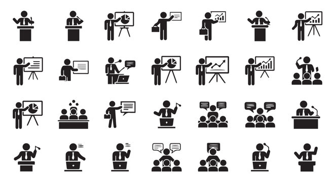 Collection of black and white icon set representing presentation, teaching, public speaking, and business meeting concepts isolated on transparent background
