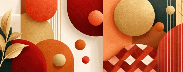 Elegant red and gold holiday decor with ornaments and plaid textile backdrop for festive scenes