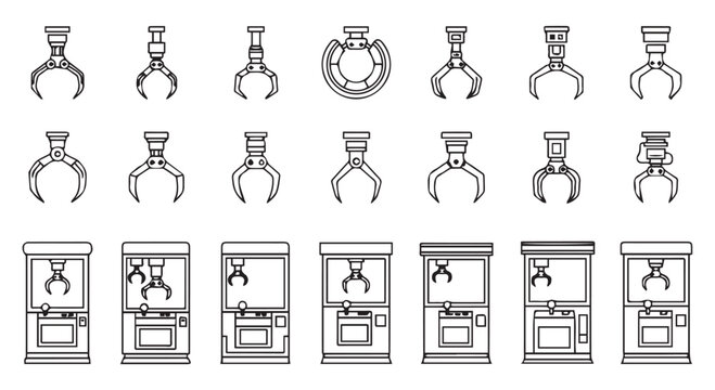 Collection of various claw machine grabber arms and full arcade crane game cabinet icons in a simple black and white sketch style isolated on transparent background