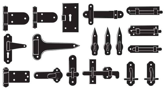 Collection of various black silhouette hardware components including hinges, latches, and bolts for gates and doors, isolated on transparent background