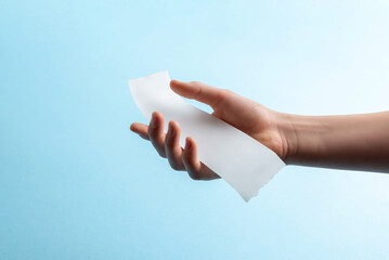 Hand holding curved blank paper receipt on blue background, minimalist financial mockup for expense documents, billing templates, and design presentations