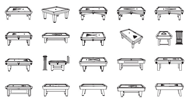 Collection of various black and white line art icons representing different styles and perspectives of pool or billiard tables isolated on transparent background