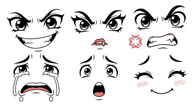 Collection of various black and white anime and manga style facial expressions isolated on transparent background