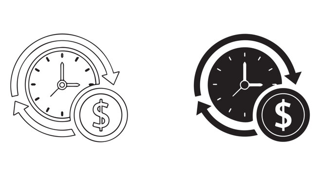 Two icons depicting the concept of time and money exchange, one line art and one solid silhouette, isolated on transparent background