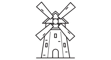 Obraz premium Simple black and white line art drawing of a traditional windmill with four sails, isolated on transparent background