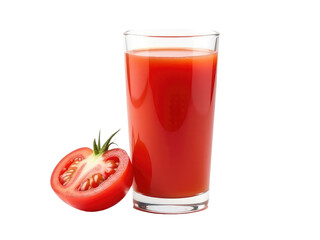 A glass of tomato juice accompanied by a sliced tomato, perfect for snacking or as part of a meal