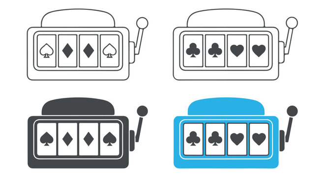 Set of four slot machine icons showing playing card suit symbols in outline, solid black, and blue color variations isolated on transparent background
