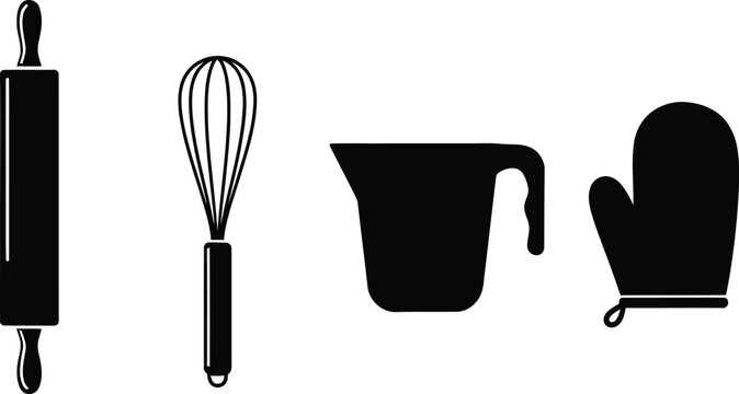 Baking Utensils Rolling Pin Whisk Measuring Cup Oven Mitt Icons baking, cooking