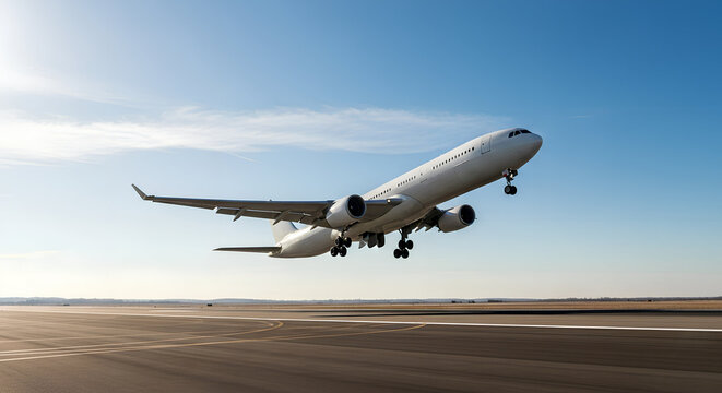 White commercial passenger jet airplane taking off side view angle on the runway