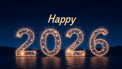 Happy New Year 2026 celebration with sparkling fireworks over water