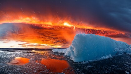 Fototapeta premium A Celestial Divide Of Elemental Opposites Where Fire Meets Ice In A Mesmerizing Display Of Nature S Contrasting Power And Stunning Beauty