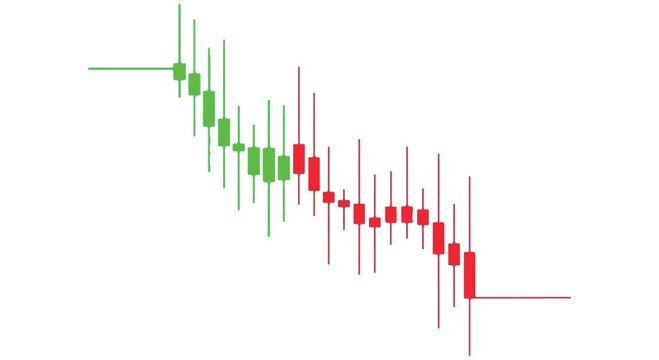 Financial candlestick chart illustrating a bearish trend with alternating green and red bars on a transparent background