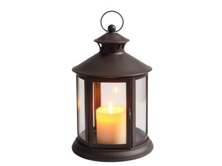 A single candle is lit inside a lantern on a white background, perfect for use as a decorative element or symbol of warmth and light